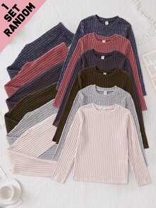 Tween Girl Simple Elegant Multi-Color Solid Fuzzy Ribbed Crew Neck Long Sleeve Top And Long Pants 2-Piece Set, Random 6-In-1 - Multicolor - View 2