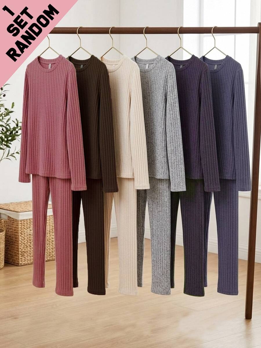 Tween Girl Simple Elegant Multi-Color Solid Fuzzy Ribbed Crew Neck Long Sleeve Top And Long Pants 2-Piece Set, Random 6-In-1 - Multicolor - View 1