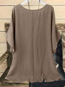 EMERY ROSE Plus Size Women Retro V-Neck Floral Shoulder Sleeve Shirt - Khaki - View 2