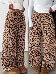 Tween Girls Letter Print Casual Comfortable Loose Wide Leg Sports Pants,Autumn/Winter Outfit, Loose,Keep Warm,Vintage Leopard Print Plush,Basic - Multicolor - View 1