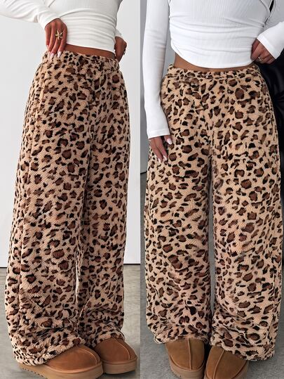 Tween Girls Letter Print Casual Comfortable Loose Wide Leg Sports Pants,Autumn/Winter Outfit, Loose,Keep Warm,Vintage Leopard Print Plush,Basic