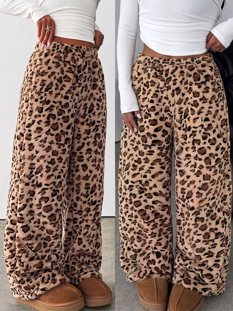 SHEIN Sparklyn Tween Girls Letter Print Casual Comfortable Loose Wide Leg Sports Pants,Autumn/Winter Outfit, Loose,Keep Warm,Vintage Leopard Print Plush,Basic - Multicolor - View 1