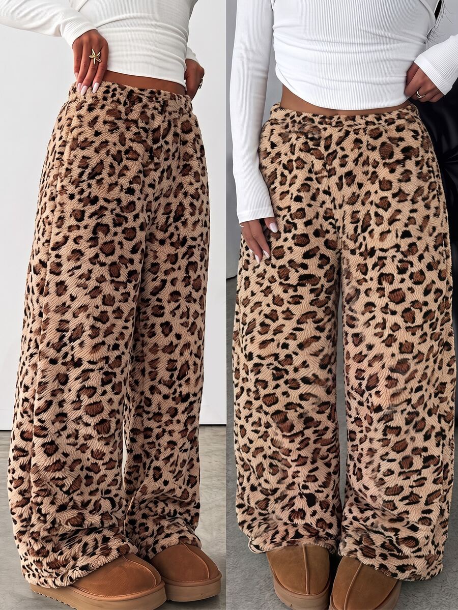 Tween Girls Letter Print Casual Comfortable Loose Wide Leg Sports Pants,Autumn/Winter Outfit, Loose,Keep Warm,Vintage Leopard Print Plush,Basic - Multicolor - View 1