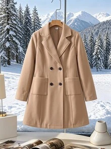 SHEIN Elladie kids Tween Girls Overcoats, Autumn/Winter Outfit, Casual, Minimalist, Streetwear, Fitted, Comfortable,Elegant Suit Collar,Keep Warm,Mid-Length Solid Color - Khaki - View 3