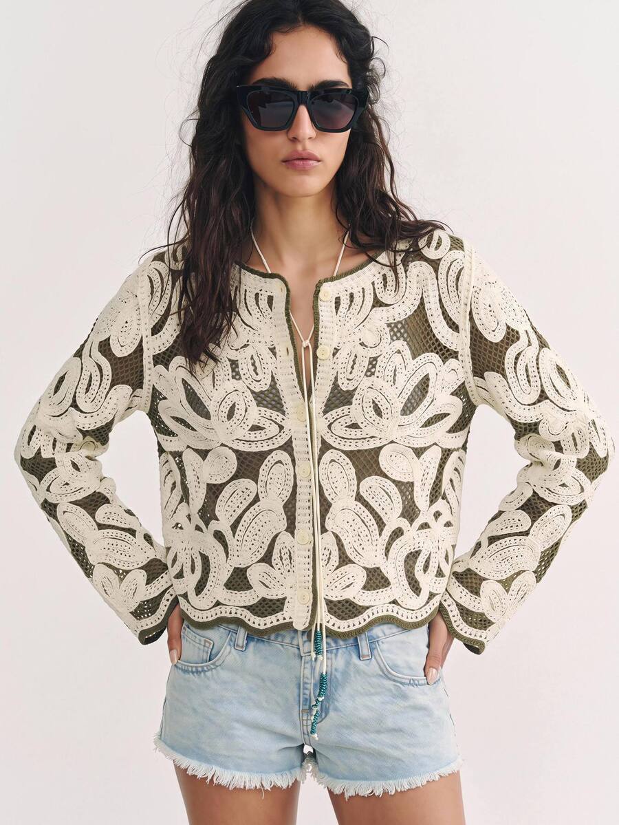 Maija Damen-Cardigan für den Herbst mit Rundhalsausschnitt, modisch, vielseitig, für den Alltag und Ausflüge, lässig, Boho, elegant, 70er-Jahre-Retro, für Urlaub, Country-Festival, Ausgehen und Brunch, Olivgrün
