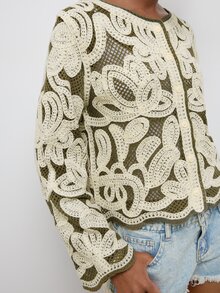 Maija Damen-Cardigan für den Herbst mit Rundhalsausschnitt, modisch, vielseitig, für den Alltag und Ausflüge, lässig, Boho, elegant, 70er-Jahre-Retro, für Urlaub, Country-Festival, Ausgehen und Brunch, Olivgrün - Verschiedenfarbig - Übersicht 7