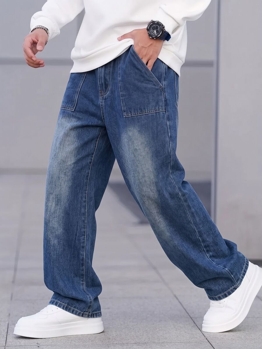 青少年男孩深藍色水洗破洞牛仔長褲 春秋新款韓版時尚百搭 寬鬆大腿舒適純棉牛仔褲 日常上學度假穿搭兒童牛仔長褲 - 藍色 - 查看 1