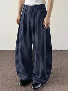 SWAVVY Men's Fashion Striped Loose Fit Long Pants - Navy Blue - View 3