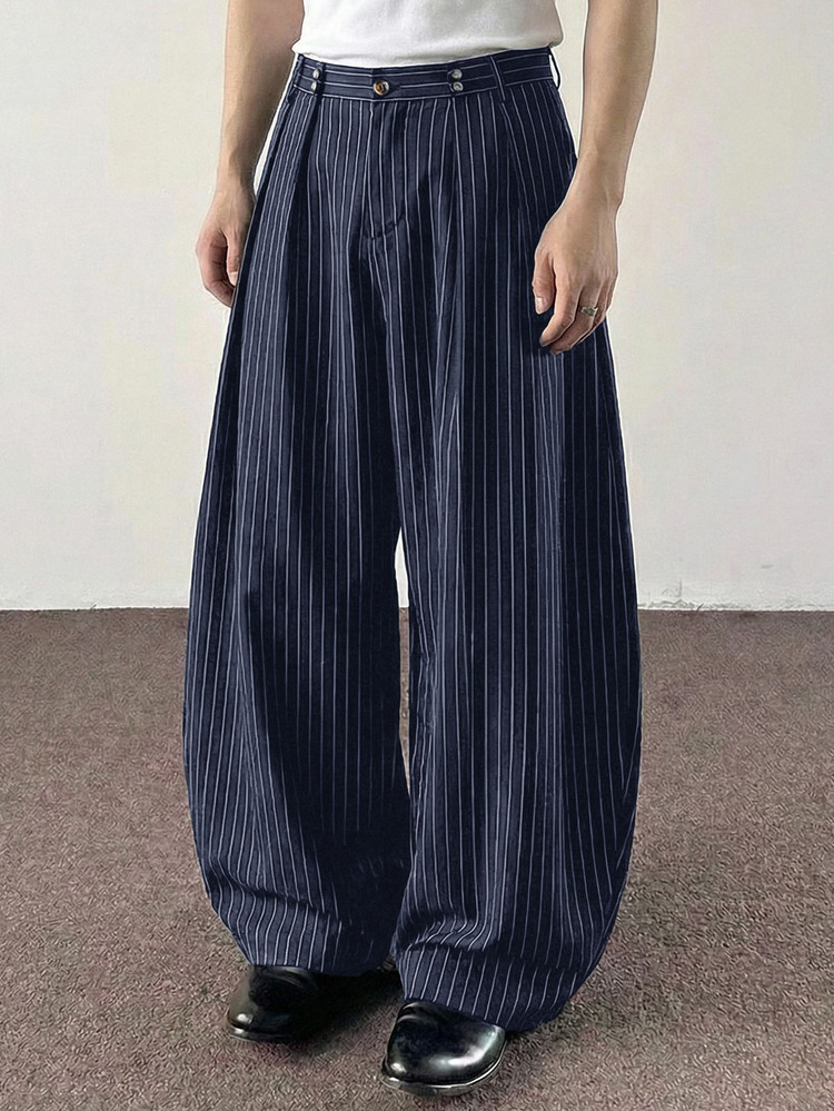 SWAVVY Men's Fashion Striped Loose Fit Long Pants - Navy Blue - View 3