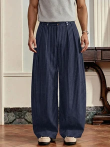 SWAVVY Men's Fashion Striped Loose Fit Long Pants - Navy Blue - View 1