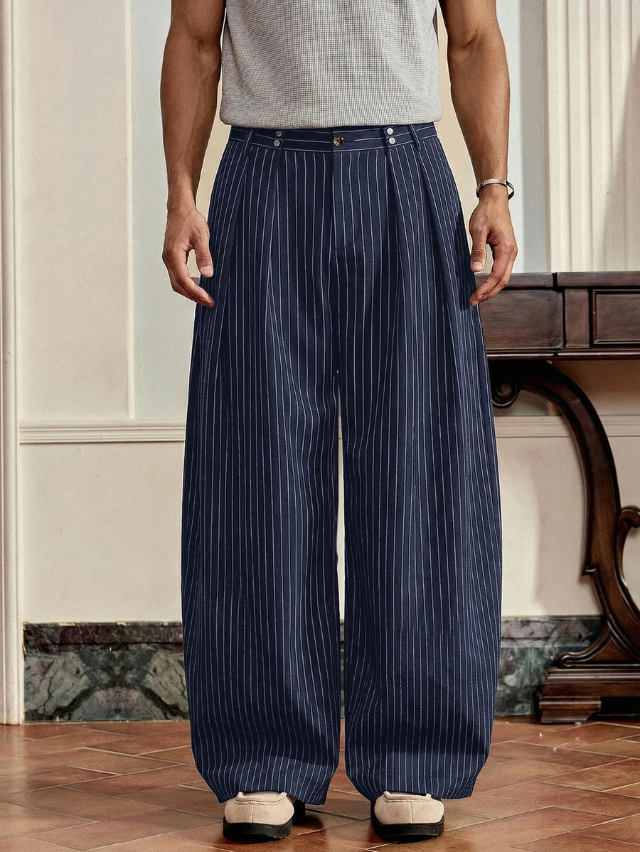 SWAVVY Men's Fashion Striped Loose Fit Long Pants - Navy Blue - View 1