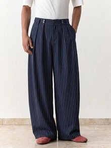 SWAVVY Men's Fashion Striped Loose Fit Long Pants - Navy Blue - View 4