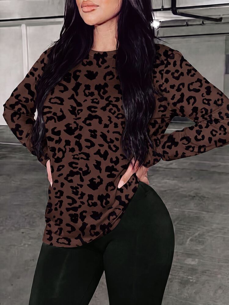 Rovax Women's Autumn/Winter New Hot-Selling Leopard Print Pattern Casual Versatile Plus Size T-Shirt - Multicolor - View 5