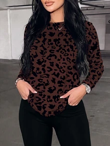 Rovax Women's Autumn/Winter New Hot-Selling Leopard Print Pattern Casual Versatile Plus Size T-Shirt - Multicolor - View 3
