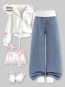 Girls' Light Blue Washed Wide Leg High Waist Loose Straight Leg Floor Length Jeans, White Ribbed Waistband Design, Versatile Casual Pants For Students - Light Wash - View 10