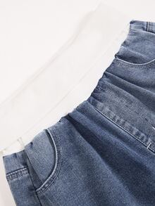 Girls' Light Blue Washed Wide Leg High Waist Loose Straight Leg Floor Length Jeans, White Ribbed Waistband Design, Versatile Casual Pants For Students - Light Wash - View 5