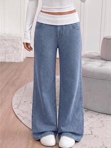 Girls' Light Blue Washed Wide Leg High Waist Loose Straight Leg Floor Length Jeans, White Ribbed Waistband Design, Versatile Casual Pants For Students - Light Wash - View 1