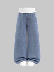 Girls' Light Blue Washed Wide Leg High Waist Loose Straight Leg Floor Length Jeans, White Ribbed Waistband Design, Versatile Casual Pants For Students - Light Wash - View 4