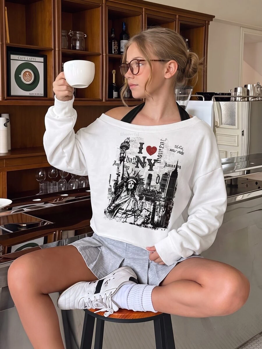 女童白色保暖內裡長袖連帽衛衣，刷毛秋季上衣，復古自由女神像印花，內搭掛脖領層次設計 - 白色 - 查看 1