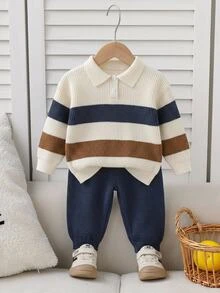 SHEIN 小男孩 2 件套針織套裝，領口 Polo 上衣，拼色米色藍色咖啡色，時尚舒適 + 針織長褲，休閒日常穿著，適合學校、托兒所、旅行、聚會、野餐、派對 - 彩色 - 查看 4