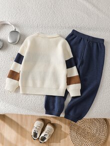 SHEIN 小男孩 2 件套針織套裝，領口 Polo 上衣，拼色米色藍色咖啡色，時尚舒適 + 針織長褲，休閒日常穿著，適合學校、托兒所、旅行、聚會、野餐、派對 - 彩色 - 查看 3
