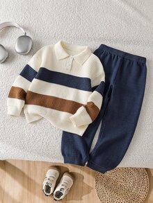 SHEIN 小男孩 2 件套針織套裝，領口 Polo 上衣，拼色米色藍色咖啡色，時尚舒適 + 針織長褲，休閒日常穿著，適合學校、托兒所、旅行、聚會、野餐、派對 - 彩色 - 查看 6