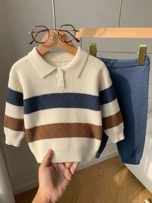 SHEIN 小男孩 2 件套針織套裝，領口 Polo 上衣，拼色米色藍色咖啡色，時尚舒適 + 針織長褲，休閒日常穿著，適合學校、托兒所、旅行、聚會、野餐、派對 - 彩色 - 查看 5