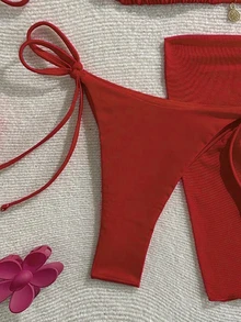 Swim Mod Women's Solid Color Metal Pendant Halter Tied Backless Sexy Red Bikini 3pcs Swimwear Set For Beach/Resort For Summer Beach Vacation - Red - View 4