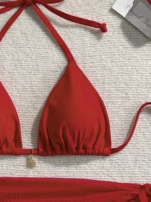 Swim Mod Women's Solid Color Metal Pendant Halter Tied Backless Sexy Red Bikini 3pcs Swimwear Set For Beach/Resort For Summer Beach Vacation - Red - View 3