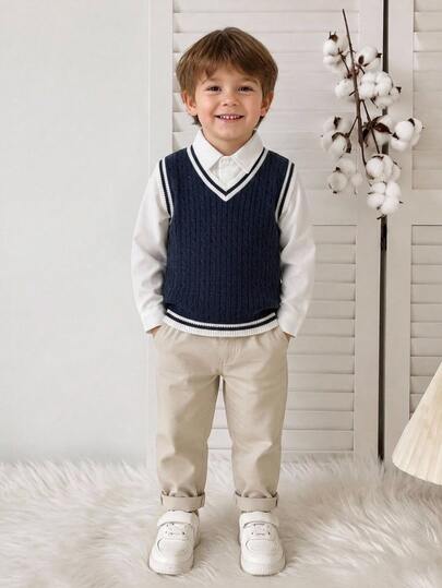 Young Boys Navy Blue Contrast Trim Sleeveless Vest, All-Match Versatile Campus Style, Suitable For Spring And Autumn, Pairs With Jeans And Jackets