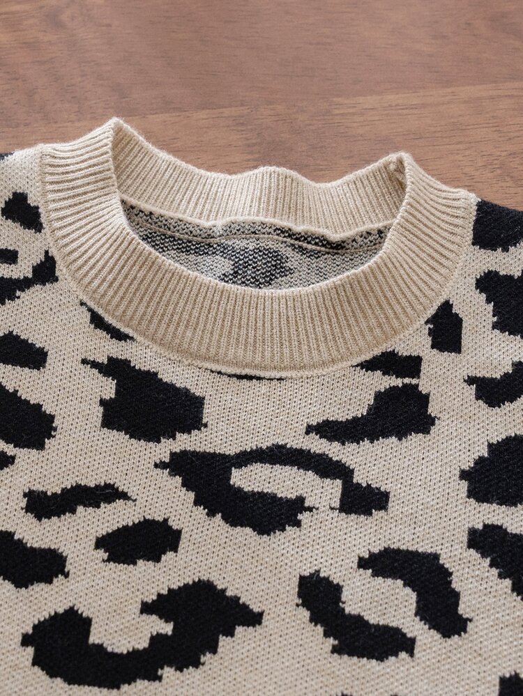 SHEIN 6-36 Months Baby Girl Apricot Leopard Print Round Neck Knit Sweater, Soft Stylish Versatile Long Sleeve Pullover Top For Daily Wear, Outings, Kindergarten, Spring And Autumn - Multicolor - View 9
