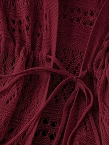 DreamSkyne Plus Size Women's Solid Color Beach Resort Romantic Crochet Net Drawstring Tie Bow Cardigan Western Wear - Burgundy - View 4