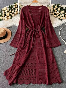 DreamSkyne Plus Size Women's Solid Color Beach Resort Romantic Crochet Net Drawstring Tie Bow Cardigan Western Wear - Burgundy - View 1
