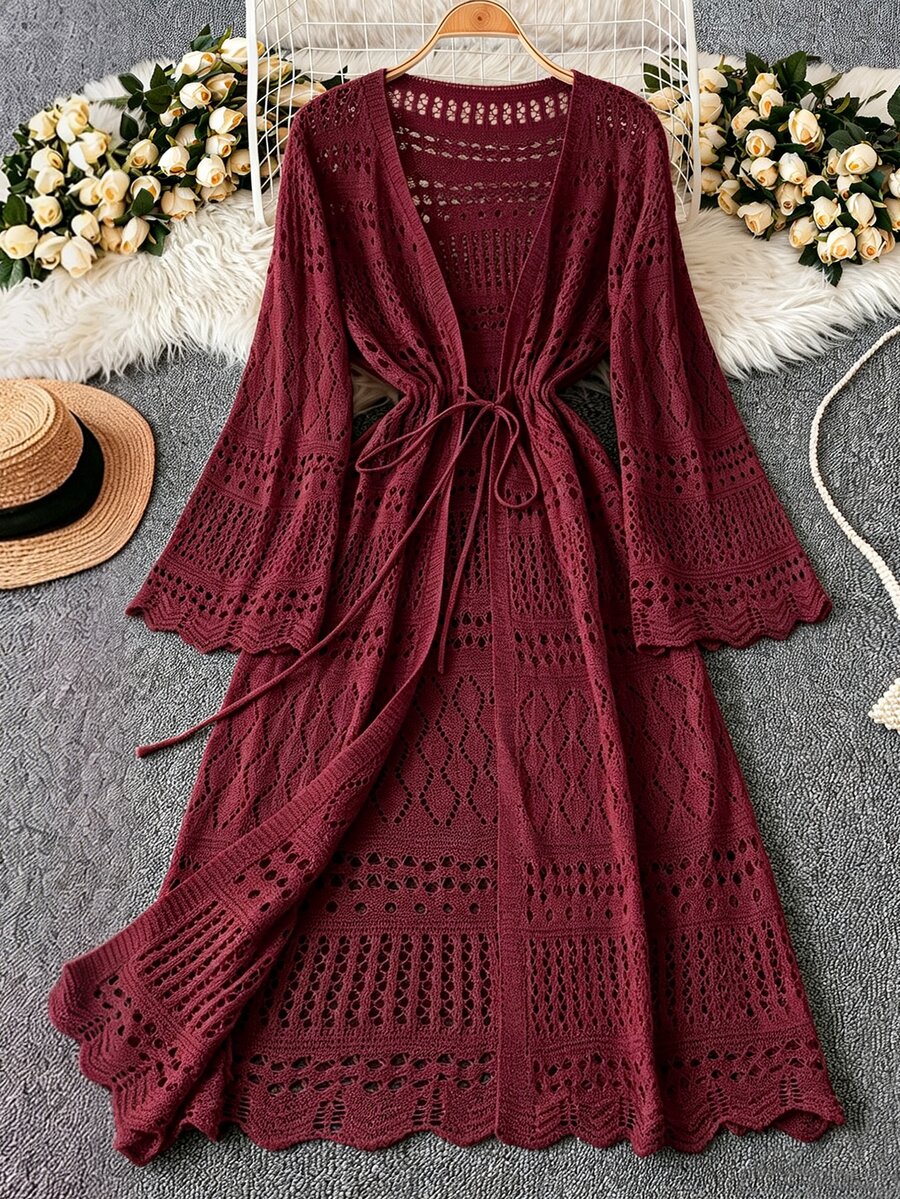 DreamSkyne Plus Size Women's Solid Color Beach Resort Romantic Crochet Net Drawstring Tie Bow Cardigan Western Wear - Burgundy - View 1