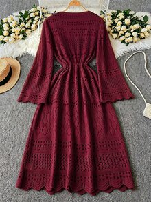 DreamSkyne Plus Size Women's Solid Color Beach Resort Romantic Crochet Net Drawstring Tie Bow Cardigan Western Wear - Burgundy - View 2