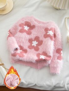 SHEIN 女嬰毛衣，圓領，3D花朵與蜜蜂裝飾，粉色花卉，秋冬套裝，家庭搭配，婚禮賓客，可愛生日 - 粉色 - 查看 7