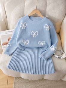 8-12歲女童淺藍色3D刺繡蝴蝶結圓領針織毛衣與百褶裙兩件套，柔軟甜美穿搭，適合上學、日常穿著、外出、生日、拍照，春秋季節 - 藍色 - 查看 3