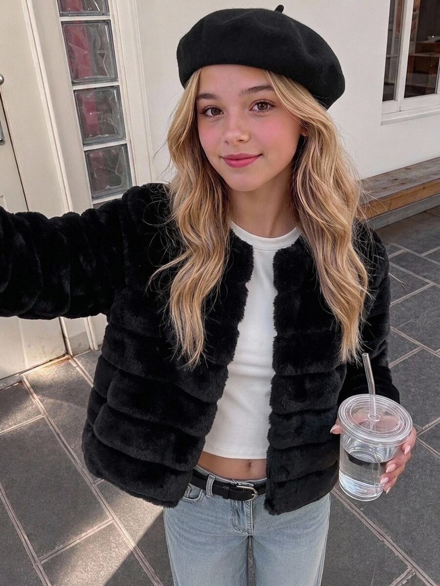 SHEIN 少女軟綿優雅長袖短版人造毛皮大衣，適合秋冬穿著