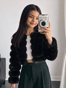 SHEIN 少女軟綿優雅長袖短版人造毛皮大衣，適合秋冬穿著 - 黑色 - 查看 3