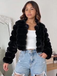 SHEIN 少女軟綿優雅長袖短版人造毛皮大衣，適合秋冬穿著 - 黑色 - 查看 6