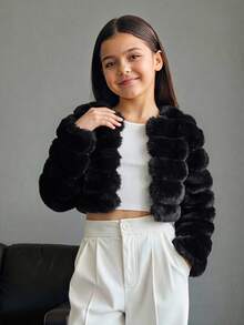 SHEIN 少女軟綿優雅長袖短版人造毛皮大衣，適合秋冬穿著 - 黑色 - 查看 5