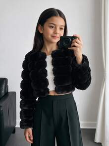 SHEIN 少女軟綿優雅長袖短版人造毛皮大衣，適合秋冬穿著 - 黑色 - 查看 4