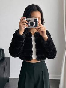 SHEIN 少女軟綿優雅長袖短版人造毛皮大衣，適合秋冬穿著 - 黑色 - 查看 7