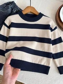 SHEIN Vintaside Kids 小男孩單件長袖圓領針織毛衣，藍白條紋 - 彩色 - 查看 8