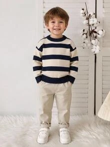 SHEIN Vintaside Kids 小男孩單件長袖圓領針織毛衣，藍白條紋 - 彩色 - 查看 1
