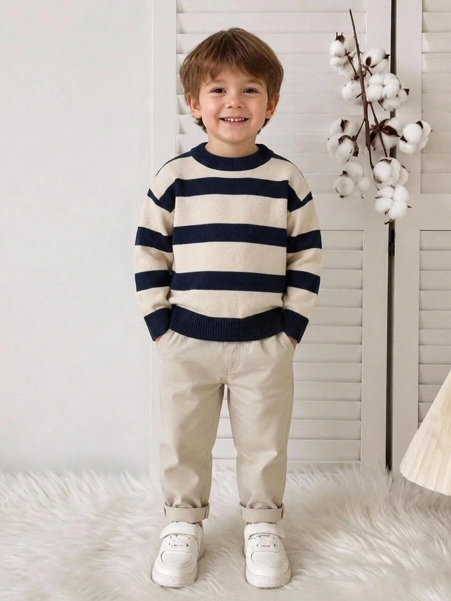 SHEIN Vintaside Kids 小男孩單件長袖圓領針織毛衣,藍白條紋 - 彩色 - 查看 1