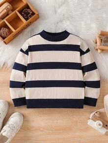 SHEIN Vintaside Kids 小男孩單件長袖圓領針織毛衣，藍白條紋 - 彩色 - 查看 7