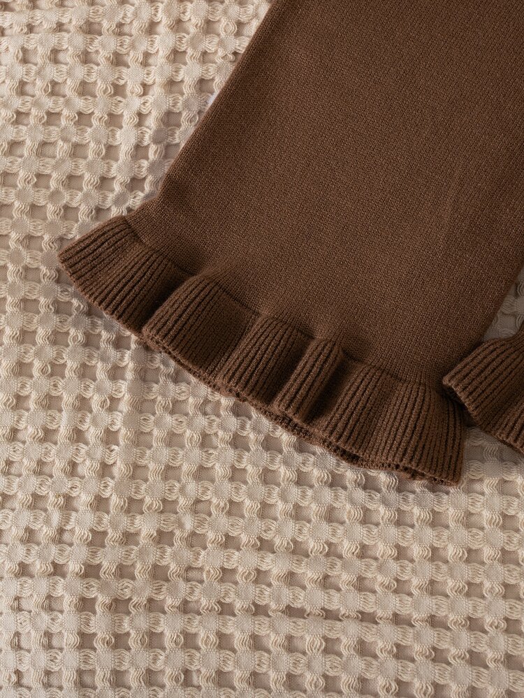 SHEIN 6 Months - 3 Years Baby Girl Cream Cable Knit Sweater With Brown Bow Decor Ruffle Round Neck + Wood Ear Hem Wide Leg Flare Pants 2-Piece Set, Soft Vintage Knit Outfit For First Birthday, Outings, Spring And Autumn - Khaki - View 8