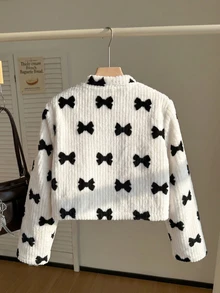SHEIN Elladie kids 青少年女孩夾克，黑白配色，休閒版型，秋冬保暖，時尚百搭，拉鍊設計，抓絨，連帽，純色，優雅簡約 - 黑與白 - 查看 3