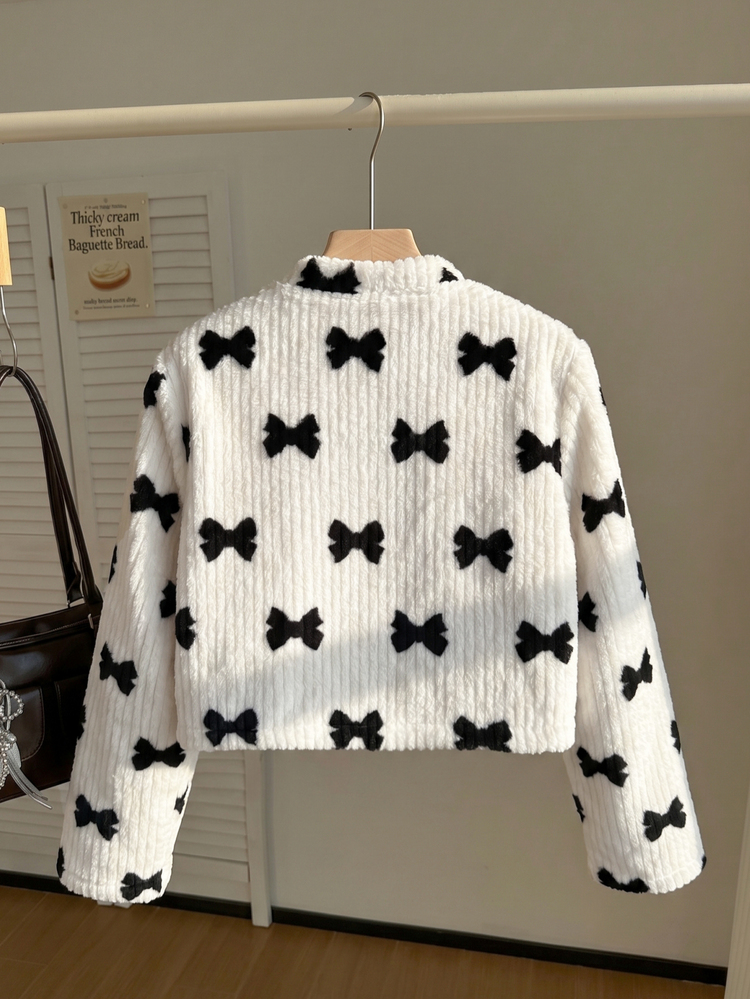 SHEIN Elladie kids Girls' Sweet Style Black & White Bow Vertical Stripe Fuzzy Short Jacket, Cream White Ribbed Top With All-Over Black Bow Print, Bow Decor, Loose Drop Shoulder Long Sleeve, Short High-Waist Fit, Autumn/Winter Soft Girl Aesthetic Fuzzy Sweet Jacket - Black and White - View 2
